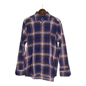 Bugatchi Uomo Shaped Fit Brown‎ Blue Plaid Collared Untucked Men XL Office Work